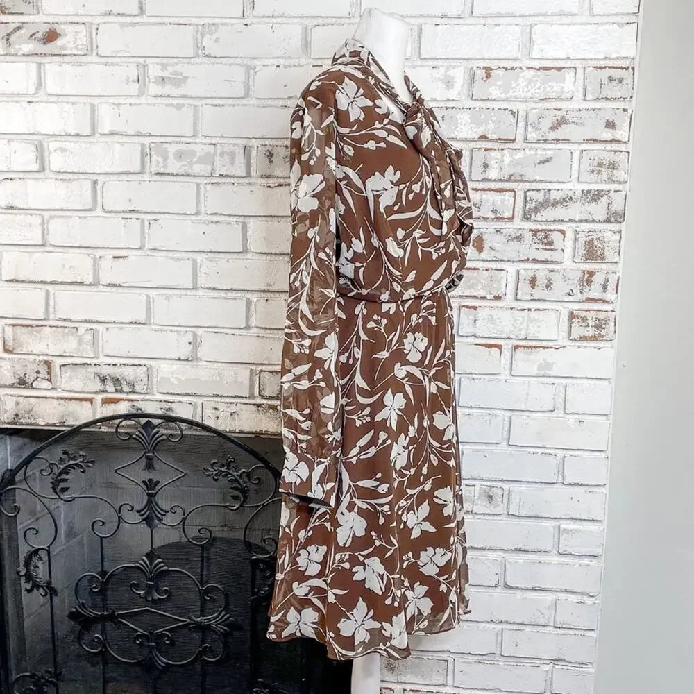 Lane Bryant Tie Neck Bow Brown and Off White Floral Sheer Midi Dress 22